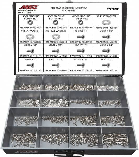 Value Collection - 1,400 Piece, #6-32 to #10-32, Stainless Steel Machine Screw Assortment - Flat Head, Phillips Drive, 1/4 to 1" Long, Grade 18-8 - Exact Tooling