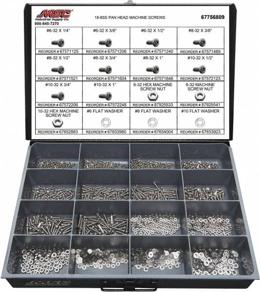 Value Collection - 1,400 Piece, #6-32 to #10-32, Stainless Steel Machine Screw Assortment - Pan Head, Phillips Drive, 1/4 to 1" Long, Grade 18-8 - Exact Tooling