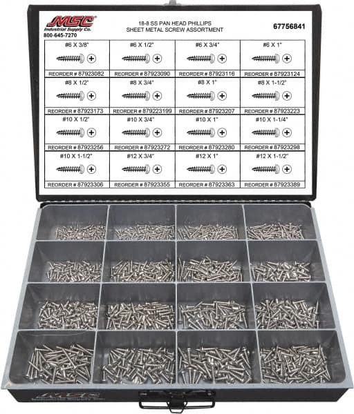Value Collection - 1,300 Piece, #6x3/8 to #12 x 1-1/2, Stainless Steel Sheet Metal Screw Assortment - Pan Head, Phillips Drive, 3/8 to 1-1/2" Long, Grade 18-8 - Exact Tooling