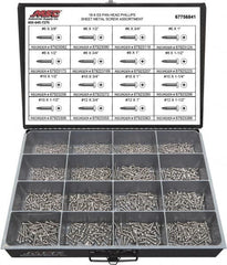 Value Collection - 1,300 Piece, #6x3/8 to #12 x 1-1/2, Stainless Steel Sheet Metal Screw Assortment - Pan Head, Phillips Drive, 3/8 to 1-1/2" Long, Grade 18-8 - Exact Tooling