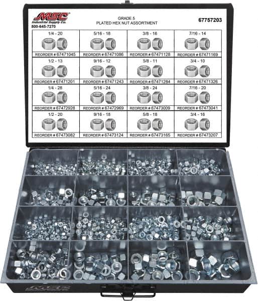 Value Collection - 1/4-20 to 3/4-16 Thread, 870 Piece Alloy Steel Nut Assortment - Grade 5 - Exact Tooling