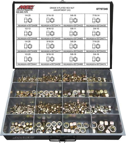 Value Collection - 1/4-20 to 3/4-16 Thread, 765 Piece Alloy Steel Nut Assortment - Grade 8 - Exact Tooling