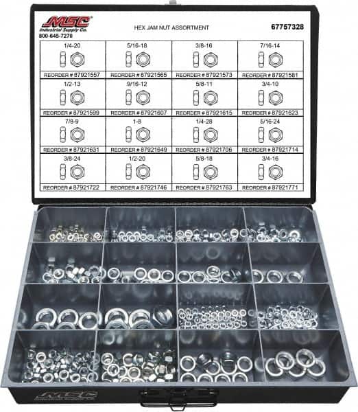 Value Collection - 1/4-20 to 3/4-16 Thread, 425 Piece Steel Nut Assortment - Grade 2 - Exact Tooling