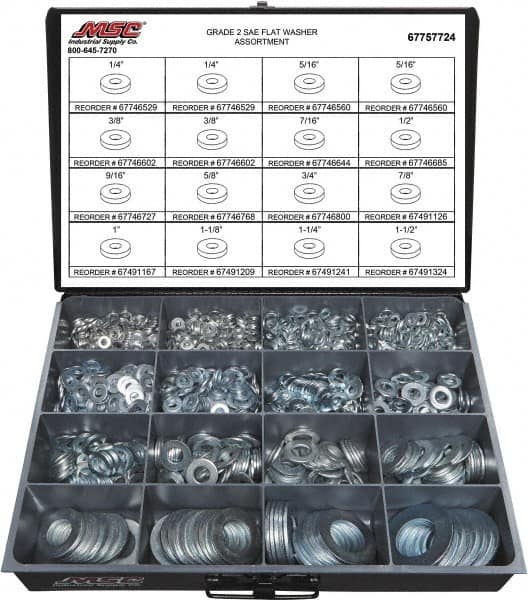 Value Collection - 1840 Piece, 1/4 to 1-1/2" Screw, Grade 2 Steel SAE Flat Washer Assortment - Includes 1/4 to 1-1/2" Screw & Compartmented Storage Case - Exact Tooling