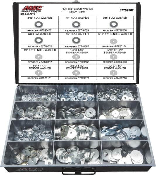 Value Collection - 1275 Piece, No. 10, 1/2" Screw, Grade 2 Steel Fender & Flat Washer Assortment - Includes 1/4 to 5/16 x 1-1/2" Screw & Compartmented Storage Case - Exact Tooling