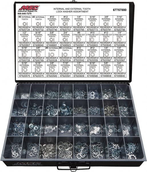 Value Collection - 2550 Piece, No. 6, 3/4" Screw, Grade 2 Steel External & Internal Tooth Lock Washer Assortment - Includes 1/4 to 12" Screw & Compartmented Storage Case - Exact Tooling