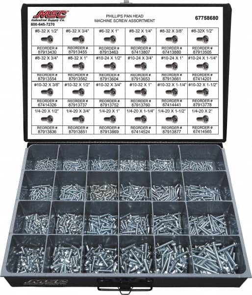Value Collection - 1,200 Piece, #6-32 to 1/4-20, Steel Machine Screw Assortment - Pan Head, Phillips Drive, 1/2 to 2" Long, Grade 2 - Exact Tooling