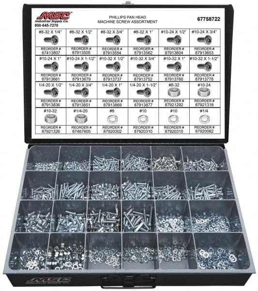 Value Collection - 1,975 Piece, #8-32 to 1/4-20, Steel Machine Screw Assortment - Pan Head, Phillips Drive, 1/4 to 1-1/2" Long, Grade 2 - Exact Tooling