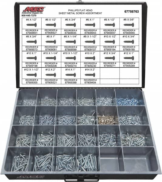 Value Collection - 1,200 Piece, #4x1/2 to #10x2, Steel Sheet Metal Screw Assortment - Flat Head, Phillips Drive, 1/2 to 2" Long, Grade 2 - Exact Tooling