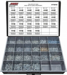 Value Collection - 1,200 Piece, #4x1/2 to #10x2, Steel Sheet Metal Screw Assortment - Flat Head, Phillips Drive, 1/2 to 2" Long, Grade 2 - Exact Tooling