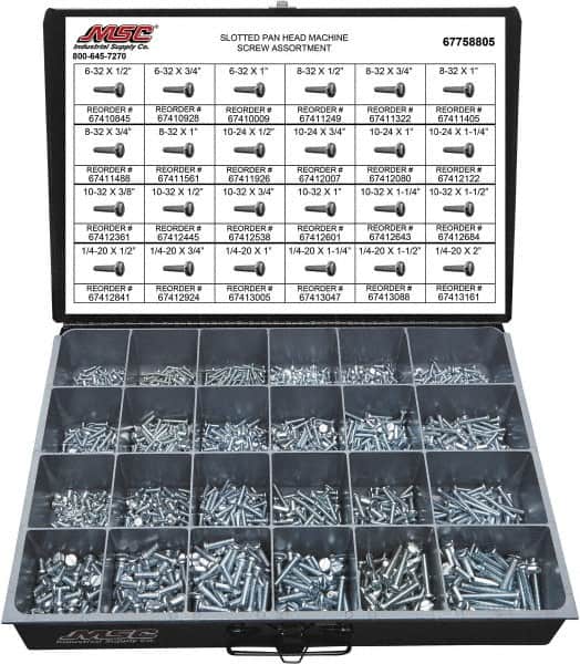 Value Collection - 2,100 Piece, #6-32 to 1/4-20, Steel Machine Screw Assortment - Pan Head, Slotted Drive, 1/2 to 2" Long, Grade 2 - Exact Tooling
