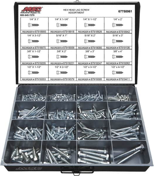 Value Collection - 375 Piece, 1/4x1 to 1/2 x 4-1/2, Steel Lag Screw Assortment - Hex Head, Hex Drive, 1 to 4-1/2" Long, Grade 2 - Exact Tooling