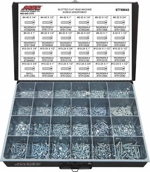 Value Collection - 1,500 Piece, #4-40 to #12-24, Steel Machine Screw Assortment - Flat Head, Slotted Drive, 1/4 to 1-1/2" Long, Grade 2 - Exact Tooling