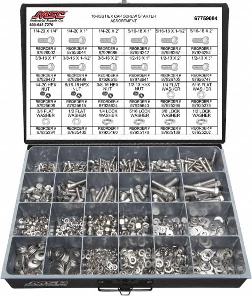 Value Collection - 1,350 Piece Stainless Steel Hex Head Cap Screws - 1/4-20 to 1/2-13 Thread, 18-8 - Exact Tooling