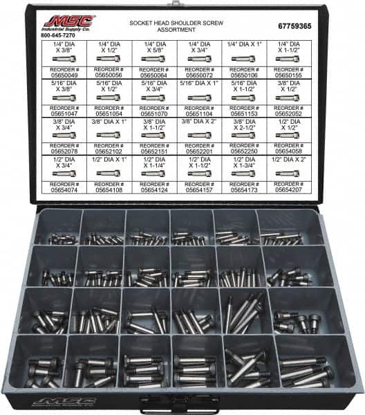 Value Collection - 190 Piece, 1/4x3/8 to 3/8 x 1-1/2, Alloy Steel Shoulder Screw Assortment - Socket Cap Head, Hex Socket Drive, 3/8 to 2" Long - Exact Tooling