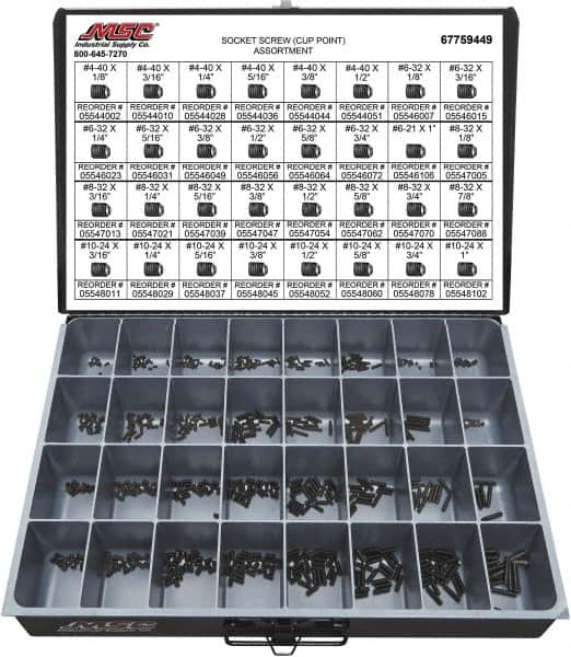 Value Collection - 710 Piece, #4-40 to #10-24, Alloy Steel Set Screw Assortment - Hex Head, Hex Socket Drive, 1/8 to 1" Long - Exact Tooling