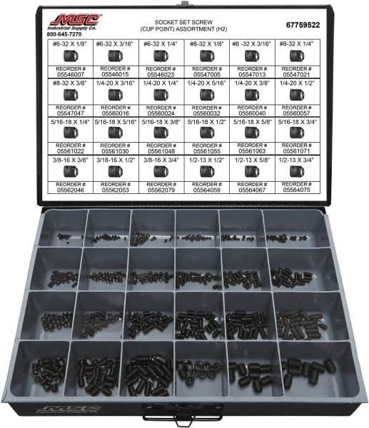 Value Collection - 555 Piece, #6-32 to 1/2-13, Alloy Steel Set Screw Assortment - Hex Head, Hex Socket Drive, 1/8 to 3/4" Long - Exact Tooling