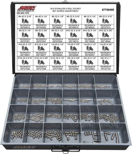 Value Collection - 685 Piece, #4-40 to 3/8-16, Stainless Steel Set Screw Assortment - Hex Head, Hex Socket Drive, 3/16 to 1" Long, Grade 18-8 - Exact Tooling