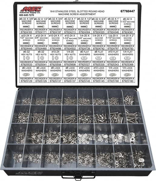 Value Collection - 2,200 Piece, #6-32 to 1/4-20, Stainless Steel Machine Screw Assortment - Round Head, Slotted Drive, 1/2 to 2" Long, Grade 18-8 - Exact Tooling