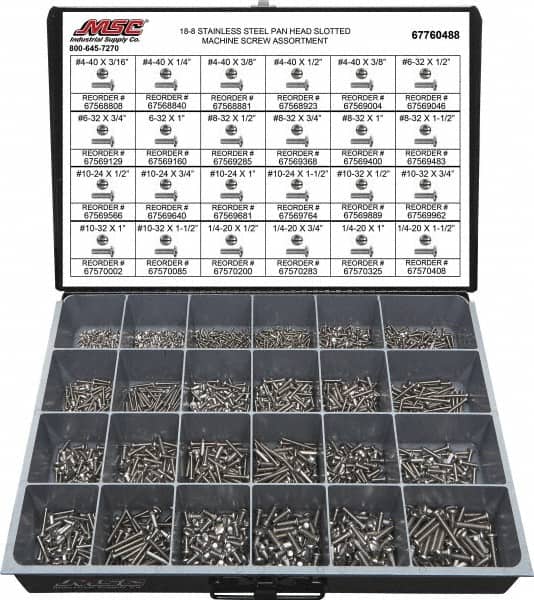 Value Collection - 1,950 Piece, #4-40 to 1/4-20, Stainless Steel Machine Screw Assortment - Pan Head, Slotted Drive, 3/16 to 1-1/2" Long, Grade 18-8 - Exact Tooling