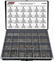 Value Collection - 1,950 Piece, #4-40 to 1/4-20, Stainless Steel Machine Screw Assortment - Pan Head, Slotted Drive, 3/16 to 1-1/2" Long, Grade 18-8 - Exact Tooling