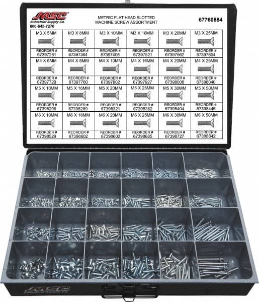 Value Collection - 820 Piece, M3x5.00 to M5x25.00, Steel Machine Screw Assortment - Flat Head, Slotted Drive, 5 to 50mm Long, Grade 2 - Exact Tooling