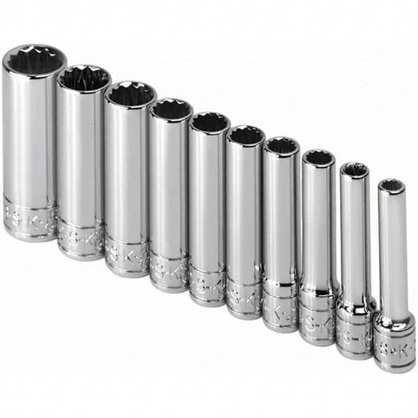 SK - 1/4" Drive Deep Socket Set - 3/16 to 9/16", Inch Measurement Standard - Exact Tooling