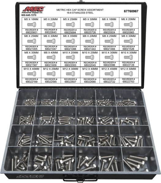 Value Collection - 330 Piece Stainless Steel Hex Head Cap Screws - M5 to M12 Thread, 18-8 - Exact Tooling