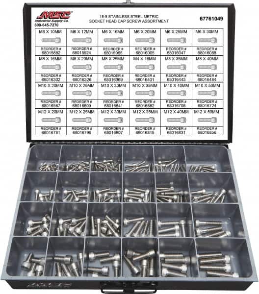 Value Collection - 240 Piece Stainless Steel Socket Head Cap Screws - M6 to M12 Thread, 18-8 - Exact Tooling