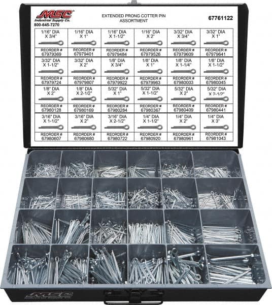 Value Collection - 2,325 Piece, 1/16 to 1/4" Pin Diam, Extended Prong Cotter Pin Assortment - 3/4 to 3" Long, Grade 2 Steel - Exact Tooling