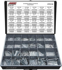 Value Collection - 2,325 Piece, 1/16 to 1/4" Pin Diam, Extended Prong Cotter Pin Assortment - 3/4 to 3" Long, Grade 2 Steel - Exact Tooling