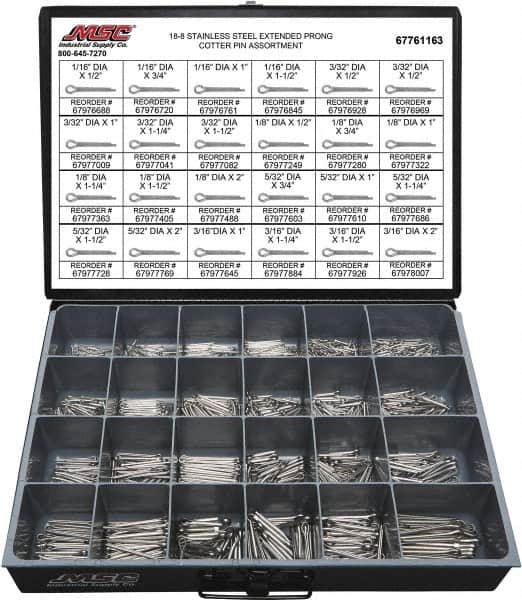 Value Collection - 1,250 Piece, 1/16 to 3/16" Pin Diam, Extended Prong Cotter Pin Assortment - 1/2 to 2" Long, 18-8 Stainless Steel - Exact Tooling