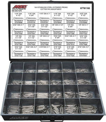 Value Collection - 1,250 Piece, 1/16 to 3/16" Pin Diam, Extended Prong Cotter Pin Assortment - 1/2 to 2" Long, 18-8 Stainless Steel - Exact Tooling