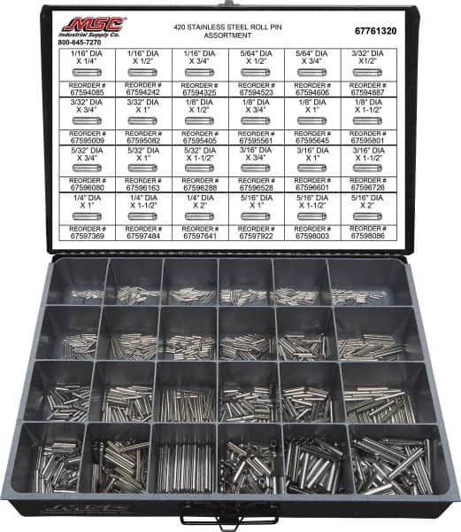 Value Collection - 115 Piece, 1/16 to 5/16" Pin Diam, Dowel Pin Assortment - 1/4 to 2" Long, 402 Stainless Steel - Exact Tooling