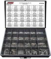 Value Collection - 115 Piece, 1/16 to 5/16" Pin Diam, Dowel Pin Assortment - 1/4 to 2" Long, 402 Stainless Steel - Exact Tooling