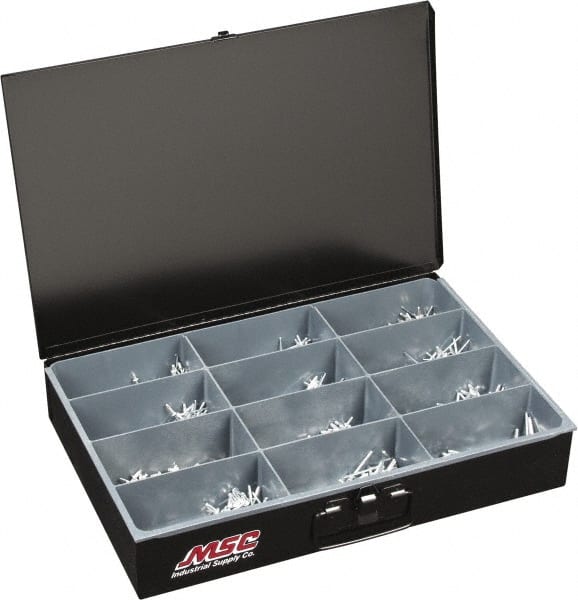 Value Collection - 1,000 Piece, 1/8 to 3/16" Hole Diam, Dome Head, Aluminum Blind Rivet Assortment - 1/8 to 5/8" Length, Steel Mandrel - Exact Tooling