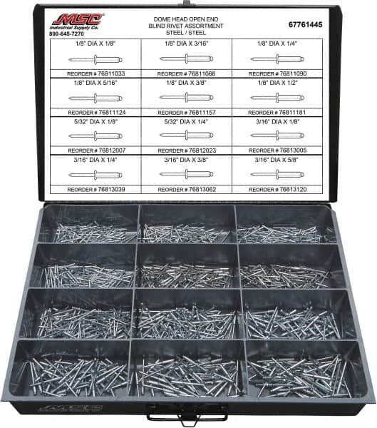 Value Collection - 1,100 Piece, 1/8 to 3/16" Hole Diam, Dome Head, Steel Blind Rivet Assortment - 1/8 to 5/8" Length, Steel Mandrel - Exact Tooling