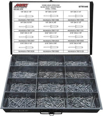 Value Collection - 1,100 Piece, 1/8 to 3/16" Hole Diam, Dome Head, Steel Blind Rivet Assortment - 1/8 to 5/8" Length, Steel Mandrel - Exact Tooling