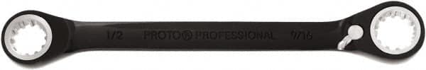 Proto - 1/2" x 9/16" 12 Point Spline Reversible Ratcheting Box Wrench - Double End, 1" Head Diam x 3/16" Head Thickness, 7-1/16" OAL, Steel, Black Chrome Finish - Exact Tooling
