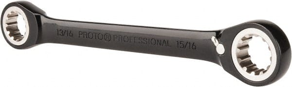 Proto - 13/16" x 15/16" 12 Point Spline Reversible Ratcheting Box Wrench - Double End, 1-13/16" Head Diam x 1/4" Head Thickness, 10-1/4" OAL, Steel, Black Chrome Finish - Exact Tooling