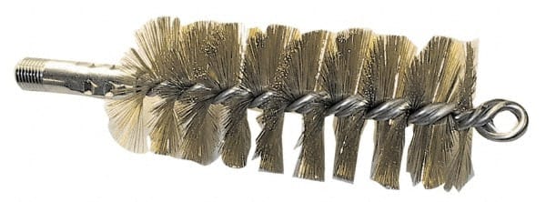 Schaefer Brush - 4-1/2" Brush Length, 3-3/4" Diam, Double Stem, Single Spiral Tube Brush - 8" Long, Brass, 1/4" NPSM Male Connection - Exact Tooling