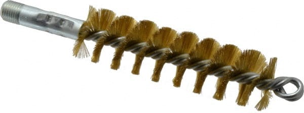 Schaefer Brush - 4-1/2" Brush Length, 1-1/4" Diam, Double Stem, Single Spiral Tube Brush - 8" Long, Brass, 1/4" NPSM Male Connection - Exact Tooling