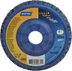 Norton - 80 Grit, 4-1/2" Disc Diam, 7/8" Center Hole, Type 27 Ceramic Flap Disc - 13,000 Max RPM, Plastic Backing, Arbor Attaching System, Coated - Exact Tooling