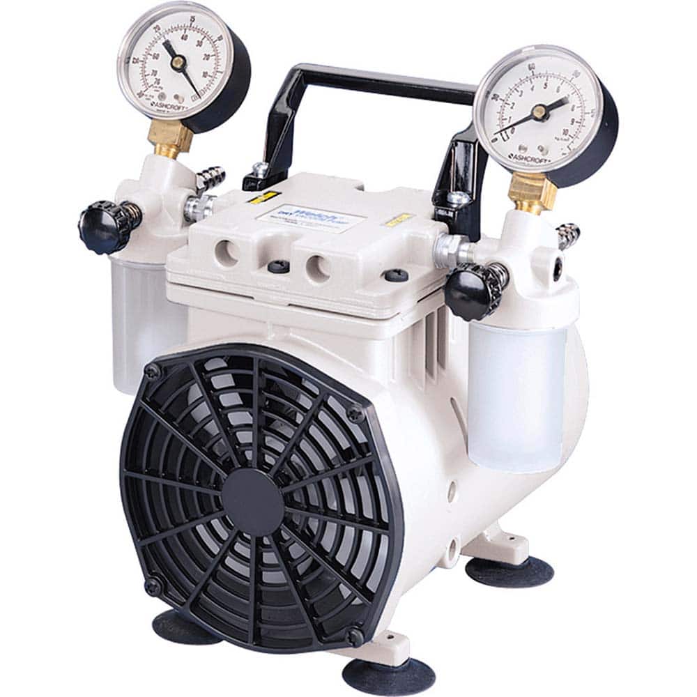 Welch - Piston-Type Vacuum Pumps; Horsepower: .25 ; Cubic Feet per Minute: 1.60 ; Vacuum Pressure (In/Hg): 70.00 ; Voltage: 115V ; Height (Inch): 9 ; Length (Inch): 10 - Exact Tooling