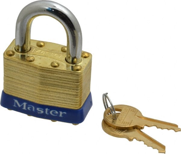 Master Lock - 15/16" Shackle Clearance, Keyed Alike Laminated Brass Padlock - 5/16" Shackle Diam, Brass - Exact Tooling