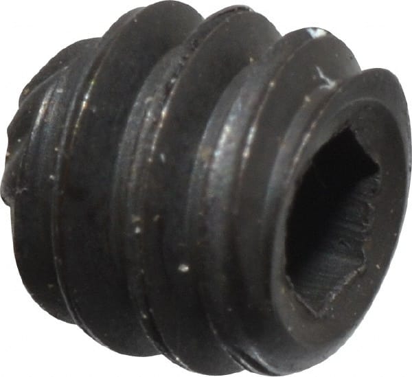 Unbrako - #6-32 UNC, 1/8" OAL, Knurled Cup Point Set Screw - Grade 8 Alloy Steel, 1/16" Key - Exact Tooling