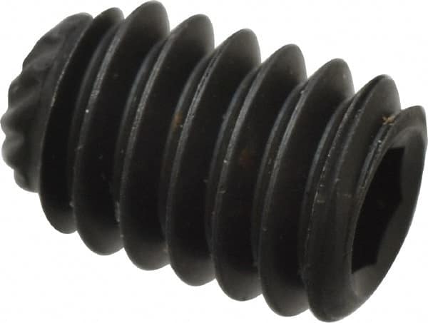 Unbrako - #8-32 UNC, 1/4" OAL, Knurled Cup Point Set Screw - Grade 8 Alloy Steel, 5/64" Key - Exact Tooling