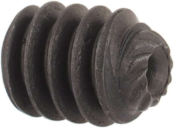 Unbrako - #10-24 UNC, 1/4" OAL, Knurled Cup Point Set Screw - Grade 8 Alloy Steel, 3/32" Key - Exact Tooling