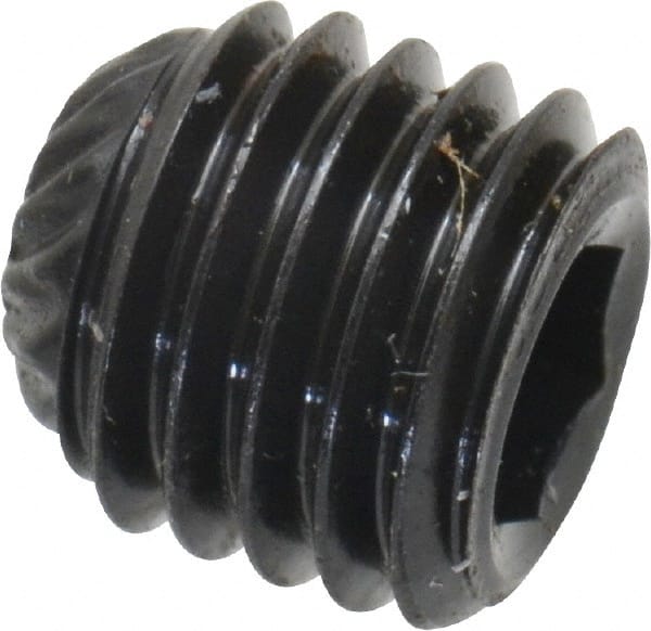 Unbrako - 1/4-28 UNF, 1/4" OAL, Knurled Cup Point Set Screw - Grade 8 Alloy Steel, 1/8" Key - Exact Tooling