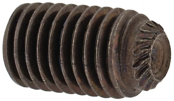 Unbrako - 1/4-28 UNF, 7/16" OAL, Knurled Cup Point Set Screw - Grade 8 Alloy Steel, 1/8" Key - Exact Tooling